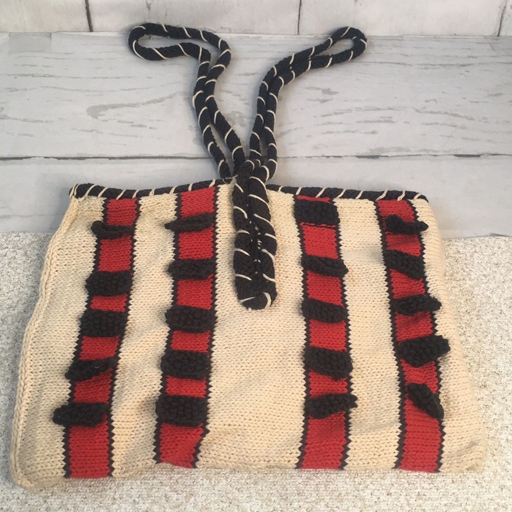 Hand Knit Hobo Shoulder Bag Cream Red Black Boho Striped Festival Hippie